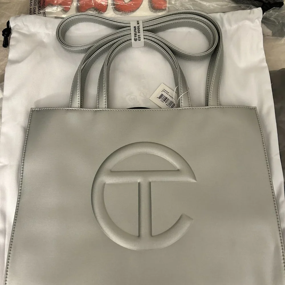 Telfar Medium Silver Shopping Bag tote vegan leather